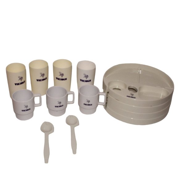 Vintage Minnesota Vikings Tailgate Snack Tray Set Utensils Purple Picnic Case - Picture 4 of 11